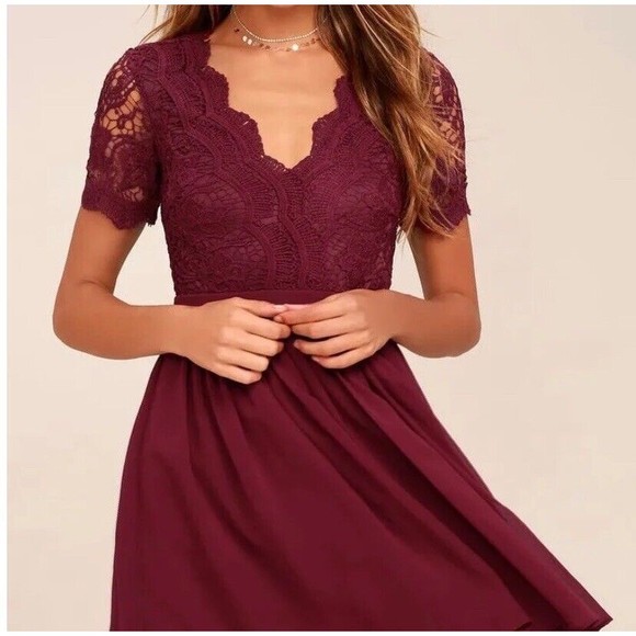 Lulus Angel in Disguise Burgundy Lace Lined Skater Dress Holiday New Year L NEW - Picture 2 of 11